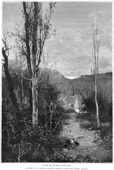Le ultime foglie, quadro di Emilio Sánchez Perrier, disegno dello stesso autore, incisione pubblicata nella rivista spagnola da Emilio Sánchez Perrier